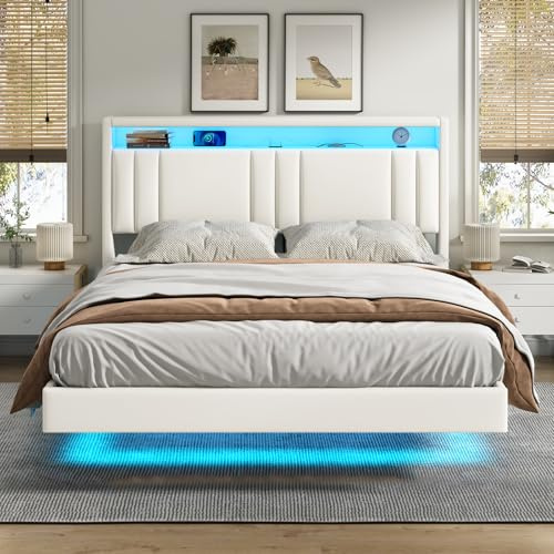 KIMENICH Lit 140x190 cm, Effet Flottant, Lits Double avec LED Réglable, Multiprise et Étagère Ouverte, Cadre de Lit avec Sommier à Lattes, Lits Flottant Rembourré, PU Blanc