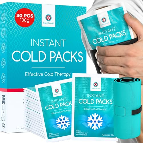 Medi Grade Poche de Glace, 30 Packs de Glace de 100 g (11,43 x 15,24 cm) – Compresse Froide Instantanée – Poche de Froid Pour la Cheville et le Genou avec Bande de Fixation, Pas Besoin de Congélateur