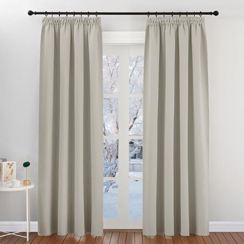 PONY DANCE Blackout Pencil Pleat Curtains, Natural, W52 x L84, 2 Panels | Thermal Insulated Curtains with Noise Reducing & Privacy, Luxury Soft Window Treatment for Bedroom & Living Room