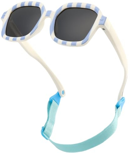 CIKJUK Polarised Baby Sunglasses with Strap - Adjustable Silicone Square Frame UV Protection Sun Glasses for Newborn Infant Toddler 0-24 Months - White