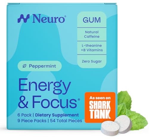 Neuro Energy & Focus Gum - 40mg Natural Caffeine Gum & Nootropic Energy Supplement with L-Theanine & B Vitamins - Sugar Free, Vegan - Peppermint, 54ct