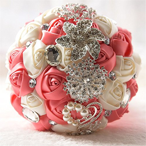 Fouriding Hand Made Diamond Pearl Satin Roses Bridesmaid Bridal Artificial Bouquets Customization Bride Holding Bouquet Wedding for Photo Shooting, Valentine's Day, Birthday,Watermelon Pink+ Creamy