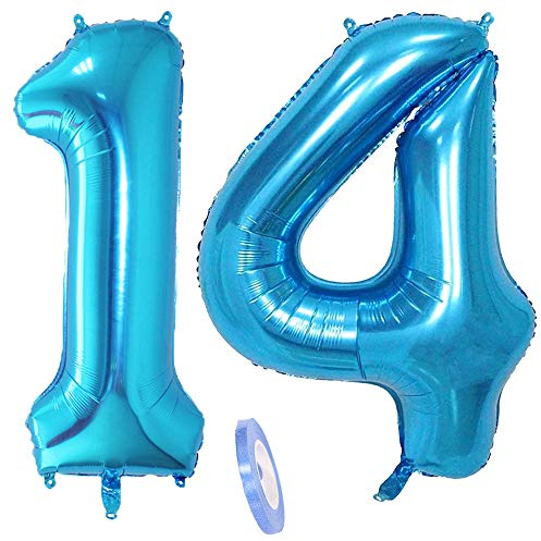 2 Luftballons Zahl 14, Nummer Luftballon Blau Mädchen Junge Jungs,40 Riesen Aufblasbar Helium Folienballon Blue Ballons Figuren für Geburtstag 14.Jahre Kinder Jungen Party Dekoration (xxxl 100cm)