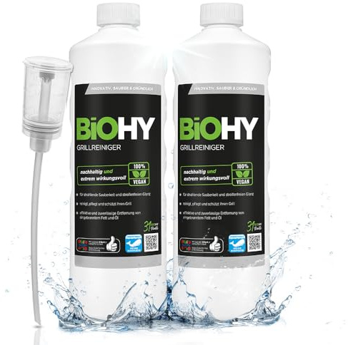 BiOHY Grillreiniger (2 x 1 liter) + Dosierer | Reiniger für Holzkohle-, Gas- und Elektrogrill | Hocheffektiv gegen angebranntes Fett und Öl | Pflegt und schont das Material | Veganes Bio Konzentrat