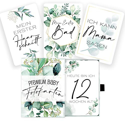 45 Baby Meilenstein-Karten im Eukalyptus Design für Jungen & Mädchen mit hochwertiger Verpackung von Cozy Racoon - Meilensteinkarten als Geschenk zur Geburt, Babyparty, Schwangerschaft