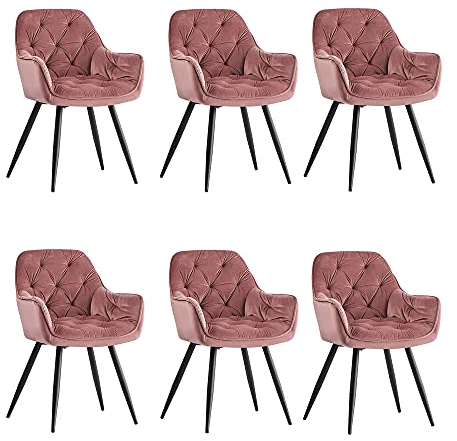JaHECOME Esszimmerstuhl,Sessel,Samt,Wohnzimmerstuhl,Farbe wählbar,Retro-Design,Stoff,gepolsterter Sitz mit Rückenlehne,Schwarze Metallbeine für Küche, Schlafzimmer, Esszimmer(Rosa,6)