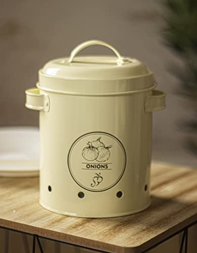 Marco Paul Onion Retro Rustic Style Metal Food Storage Kitchen Container Indoor Home Decor Breathable Holder Box Heavy Durable Decorative Tin Shabby Chic Vintage Rustic Housewarming Gift