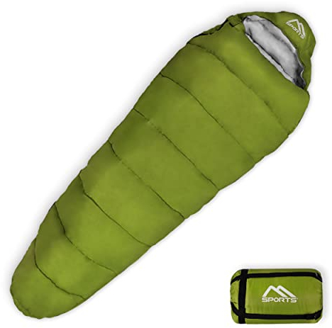 MSPORTS Schlafsack Premium Outdoor inkl. Tragegurt - Olivgrün, 200 GSM - Frühling/Sommer Camping, Reise, Festival – Warm Mumienschlafsack
