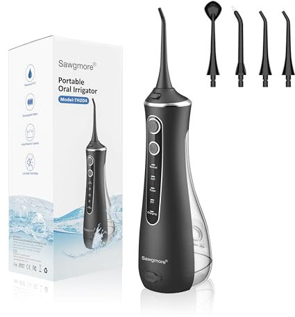 Sawgmore Idropulsore Dentale, Irrigatore Orale Professionale con 4 Modalità e 4 Ugelli di Ricambio, Ricaricabile USB, Impermeabile IPX7 Water Orale Flosser Pulizia Denti Ideale per Viaggi a Casa