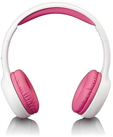 Lenco HP-010 - Cuffie per bambini, con limitazione del volume a 85 dB, auricolari morbidi, cavo da 120 cm, con adesivi, colore: bianco/rosa