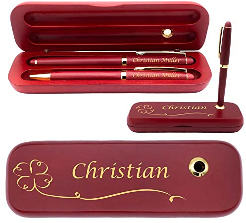 Juwelier Schönschmied Holz Schreibset | Kugelschreiber und Füllfederhalter mit Wunschgravur | zzgl. Holzbox inkl. Wunschgravur | Holzbox mit Kugelschreiberständer (Kleeblatt)