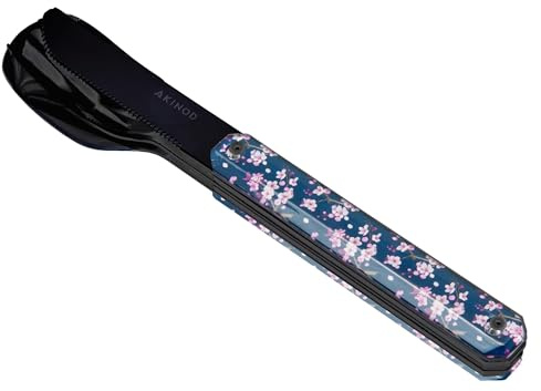 Akinod Gourmet-elegant rakt bestick med magnetisk insats (kniv, gaffel och sked) - magnetiskt rakt bestick 12H34 mod.BLACK MIRROR Fleurs de Cerisier