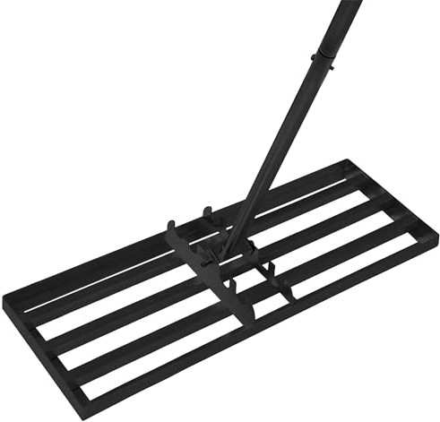 UISEBRT Râteau à gazon en métal - 25 x 75 cm - 3 en 1 - Multifonction - Avec manche - Râteau de nivellement de pelouse - Raclette pour arracher le sable - Raclette de nivellement de surface pour