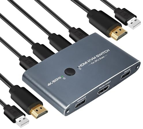 2 Port KVM Switch 4K 60Hz, Aluminium HDMI KVM Switch USB HDMI Umschalter für 2 Computer teilen 1 HD Monitor und Tastatur, Maus, Drucker, U-Disk