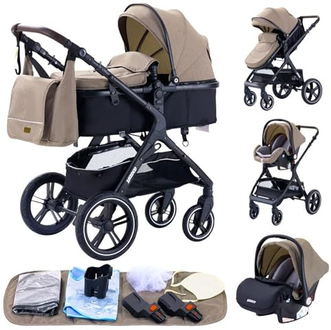 GLOKID Carrito bebé 3 en 1, Carro, Carrito bebé 3 Piezas, Silla Paseo, Sistema de viaje, Plegable, neumáticos de caucho, Con accesorios, Góndola, Adaptateurs, 25 kg (X1 kaki)…