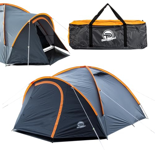 Campingzelt 3-4 Personen (doppelwandig) – leicht, stabil, wasserdicht | verdunkelter Innenraum, Moskitonetz, Fluoreszierende Abspannleine, verstärkte Heringe, Vorraum mit Bodenplane inkl. Tragetasche