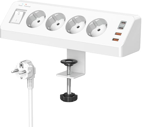Toma de mesa con USB C (PD 20W), regleta 8 en 1, escritorio con interruptor, 4 enchufes múltiples, 4 USB, protección contra sobretensiones con cable de 2 m para el hogar y la oficina (blanco)