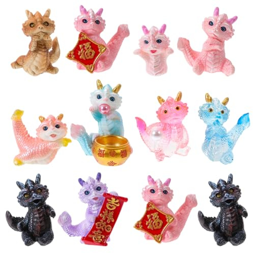BCOATH Dragon Year Resin Figurines Set of 12 Miniature Assorted Color Dragon Doll Figures for Home Office Decoration and Collectible Micro Landscape Display