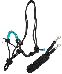 Brama West Knotenhalfter mit Zügel für Pferde - mit Snap-Karabiner und Strass - Schwarz/Türkis, Gr. Cob