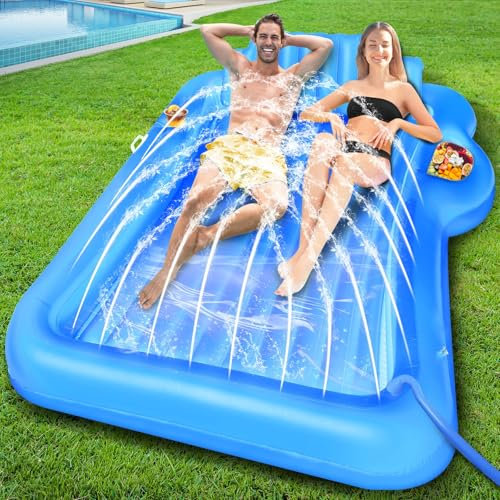 83x63 Extra Large Inflatable Tanning Lounger Float with Sprinkler,2-Person Pool Float Adults with Backrest,Cup & Food Holder Blow Up Tanning Bed for Summer Beach Pool Party(Extra Large-Blue)
