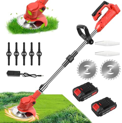 Desbrozadora eléctrica inalámbrica, corte de borde inalámbrico con batería, con 3 tipos de cuchillas, 21 V, cortahierbas inalámbricas, retráctil ligero para corte de jardín, césped tierra (2 baterías)