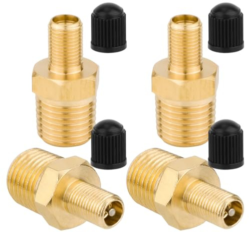Gosknor 4 Uds Adaptadores Inflador Aire de Latón, Estándar 1/4 NPT (M) a Válvula Estándar para Schrader (M) Adaptador Inflador Neumáticos con 4 Tapas para Compresor de Manguera Aire