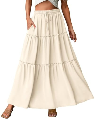 Genfien Jupe Femme Longue Maxi Plissée en Ligne A Bohême Tour de Taille Elastique Jupe avec Poches