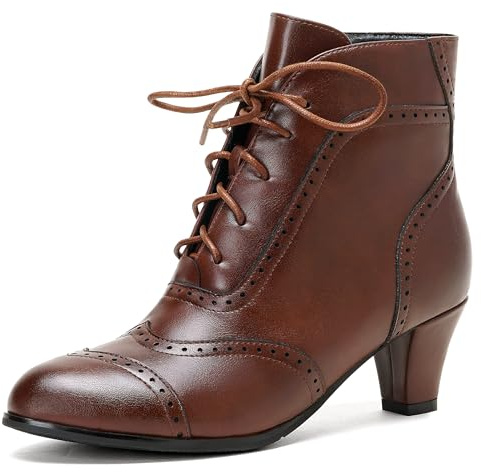 Pixoecuty Women's Victorian Ankle Boots Lace Up Booties Side Zipper Chunky Heel Oxford Wingtip Boots Brown US 9