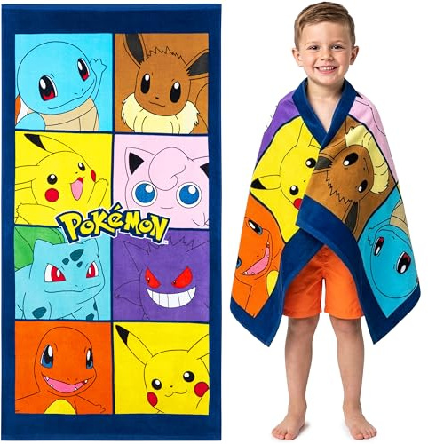 Pokemon Handtuch Kinder 70x140 cm Schnelltrocknendes Strandtücher 100% Baumwolle Pikachu Bisasam Evoli Ideal for Baden Beach Ausflug