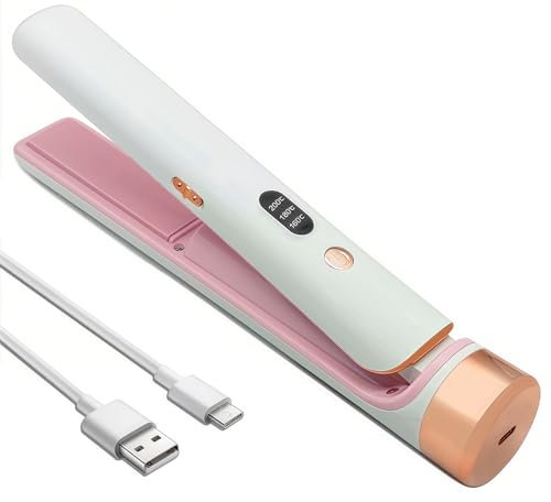 Cordless Hair Straighteners, Travel Portable Rechargeable 2 in 1 Straightener and Curler with 4000mAh Battery, Pink Mini Flat Iron for Women