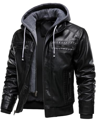 HOOD CREW Chaqueta de piel sintética para hombre con gorra desmontable, resistente al viento, cálida y multifuncional, impermeable, múltiples bolsillos