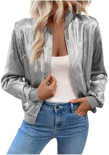Sequin Jacket Women Sparkly Sequin Bomber Jacket Coat Long Sleeve Open Front Zip Up Jackets Ladies Glitter Tops Biker Shiny Club Party Jackets Metallic Festival Outfit Going Out Uk Size 8 10 12 14 16