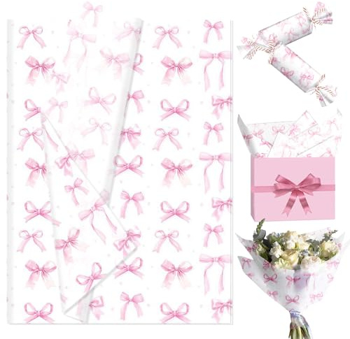 JeVenis 50 hojas de papel de regalo rosa con diseño de lazos para envolver obsequios decorativo ideal para fiestas de novias cumpleaños y proyectos manuales DIY