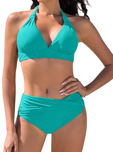 Vijamiy Traje de Baño para Mujer Bikinis Push Up Bañadores Dos Piezas Conjunto Top de Bikini con Cuello Halter(Verde Aguamarina,M)
