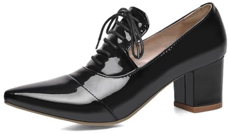Snörningspump, spetsig tå, blockklack, lackläder, för affärer och speciella tillfällen, mellanklack, Oxford-stil, elegant komfort