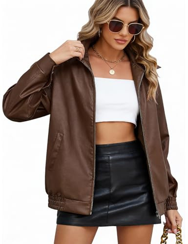 CMTOP Veste Femme Cuir Blouson Femme PU Simili Cuir, Décontractée Mode Y2K Veste mi Saison, Motard Biker Bombers Blousons Léger Zippé Jacket avec Poches pour Printemps Automne