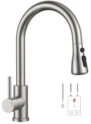 FORIOUS Rubinetto Lavello Cucina Bassa Pressione, Rubinetto Estraibile con 2 Modalità di Getto, Miscelatore Cucina 3 Vie per Scaldabagno o Sotto Lavello, Rotazione 360°, Acciaio Inox, Scanalata