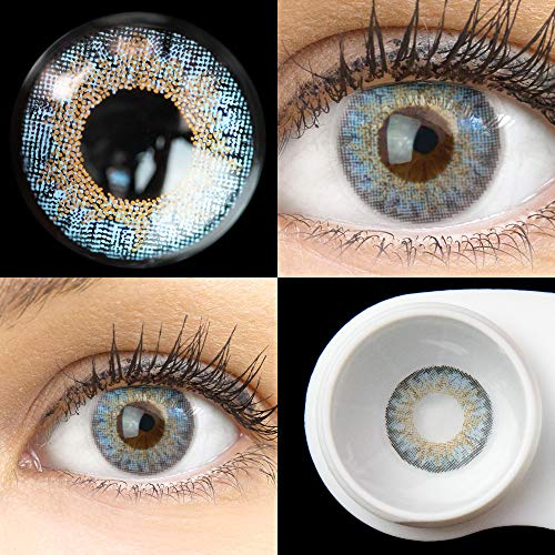 Glamlens lentilles de couleur bleu bleues naturelles colorées très haute opacité Flora Brillant Blue + étuis à lentilles de contact | 1 paire (2 pièces) | DIA 14.50 | sans correction | 0,00 Dioptries