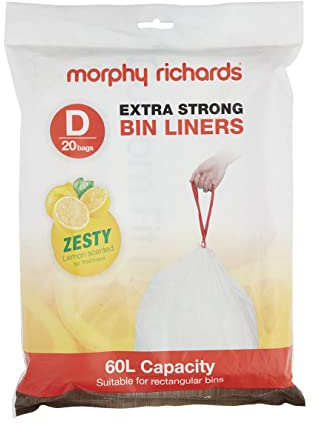 Morphy Richards 979038 60L Lemon Scented Heavy Duty Drawstring Bin Liners, 20 Pack, White