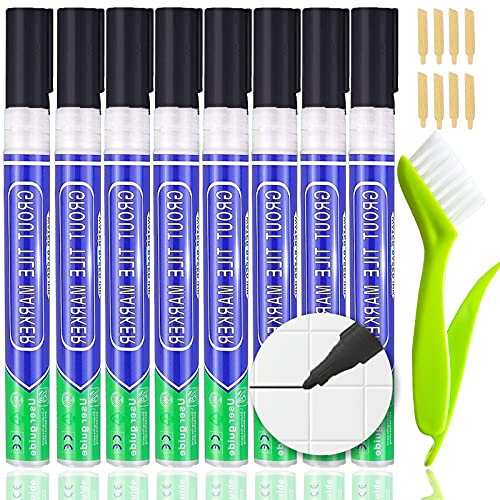 KOOLPUG Grout Pen Black with Tile Grout Cleaner Brush, 8 pcs Tile Grout, Anti Mould Grout Reviver, Sealant for Restoring Bathroom and Kitchens
