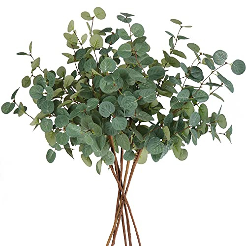 Beferr 6Pcs Artificial Eucalyptus Stems Greenery Stems 24 Tall Fake Plants Decor Faux Floral Stems for Vase Home Party Wedding Decorations