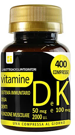 Vitamine DK 400 compresse 1 al giorno | D3 2000 U.I. K2 100 µg | senza glutine e lattosio | non di origine animale sistema immunitario ossa e denti LA BOTTEGA DEGLI INTEGRATORI