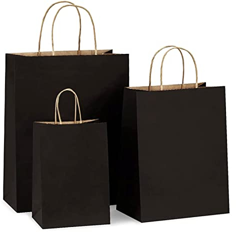 30 Stück Schwarz Papiertüten mit Henkel, HRUISE Groß+Mittel+Klein Papier Geschenktüten, 130GSM kraftpapier, gut für Einkaufstüten,Partytüten,Geschenktüten,Hochzeitstasche - 10 Stück pro Größe