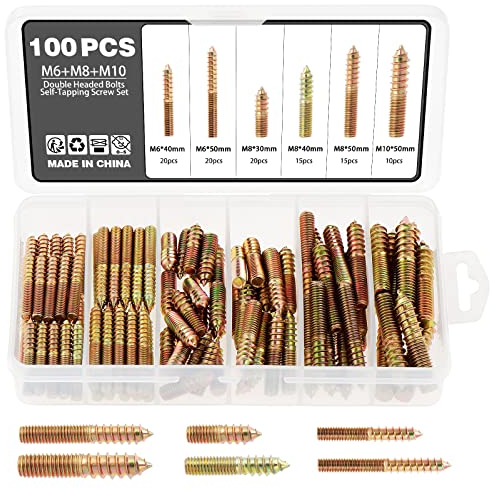 Knpwer 100 Stück Aufhängerschraube Doppelkopfschraube Selbstschneidende Schraube M6 M8 M10, Doppelkopfschrauben Selbstschneidende Ersatz, Stockschrauben mit Doppelgewinde