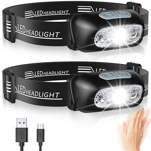 Glangeh Linterna Frontal, Impermeable IPX6 Frontal LED Recargable USB 4 Modes de Luz con Sensor, 500 Lúmenes Linterna Cabeza 1200mAh con Ajustable Ángulo & Correa para Camping Correr Pesca Ciclismo