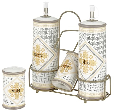 Baroni Home Menage Olio Aceto Sale Pepe in Ceramica con Stand in Metallo, Accessorio da Cucina Colorato Resistente, Linea Domus, 21X8X22cm