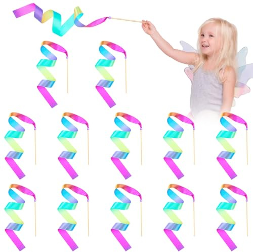 Halloscume 12 Pcs Mini Rainbow Wands for Kids Gymnastics Dance Party Favors Rainbow Dance Ribbon Streamers with Wooden Handles Ballet Twirling Baton, Rhythm Sticks Toddler Party Favors Supplies