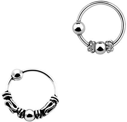 2 aros nariz pequeños de plata de ley, diseño bali con cierre, diferentes, diámetro 7mm, grosor 0,6mm.