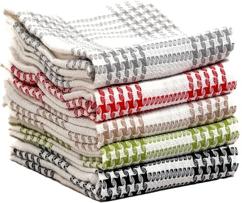Olivia Rocco Pack of 5 Houndstooth Kitchen Tea Towels Cotton Super Absorbent Quick Drying Soft Towel Cloth, Assorted