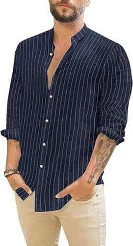 Runcati Camicia in lino, da uomo, estiva, a maniche lunghe, a righe, per il tempo libero, in cotone, vestibilità regolare, Blu scuro, XL